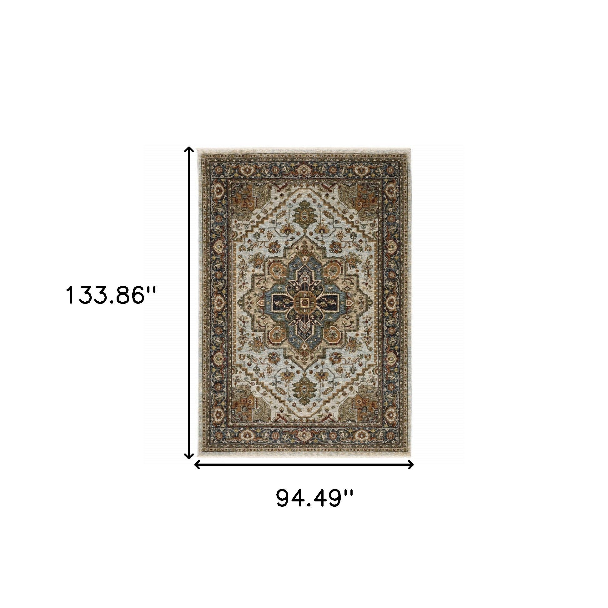 8' X 11' Ivory Beige Blue Orange Gold Green Grey And Rust Oriental Power Loom Stain Resistant Area Rug With Fringe