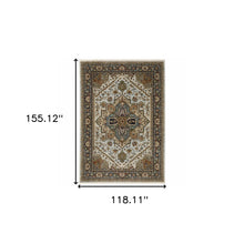 10' X 13' Ivory Beige Blue Orange Gold Green Grey And Rust Oriental Power Loom Stain Resistant Area Rug With Fringe