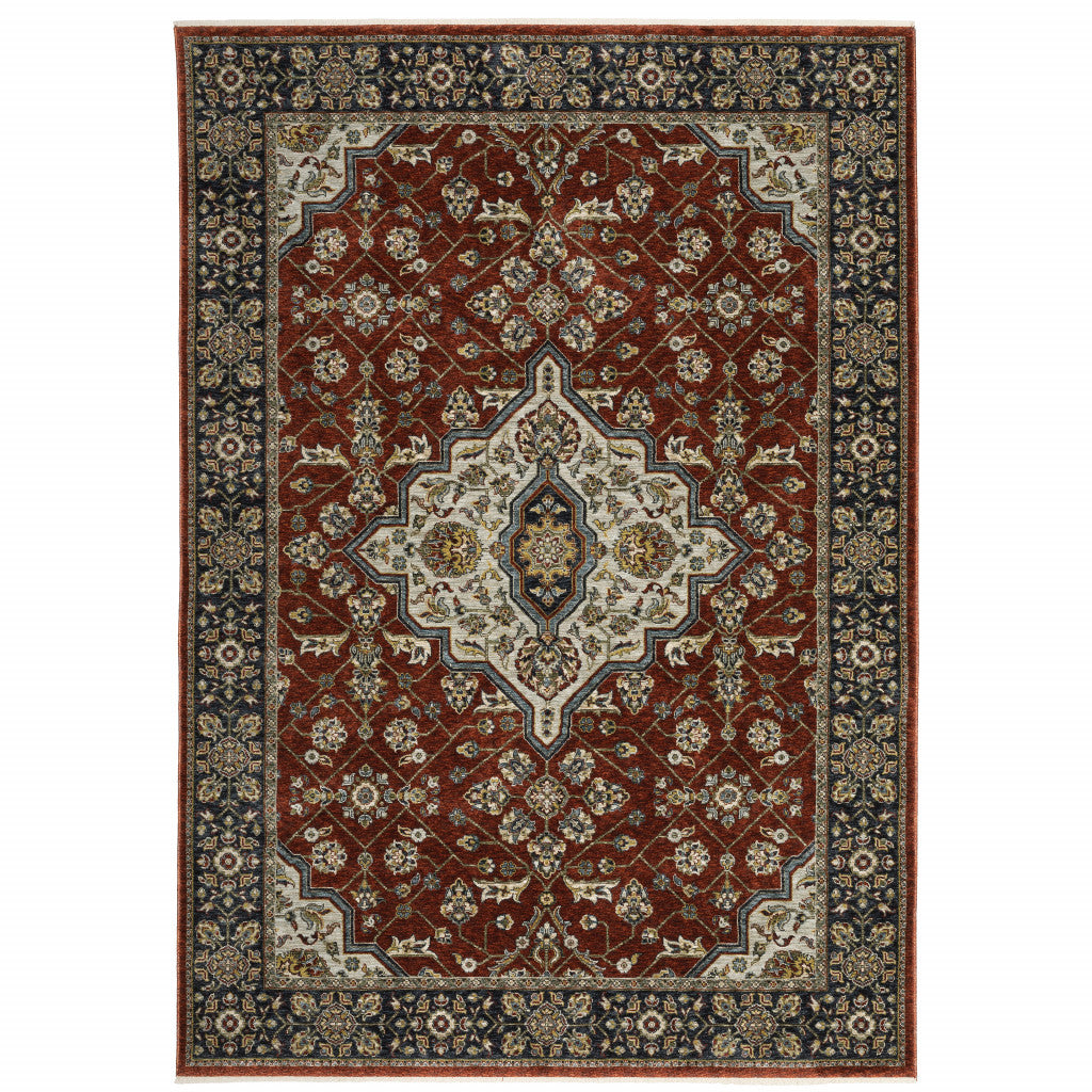 6' X 9' Red Ivory Blue Navy Gold And Grey Oriental Power Loom Stain Resistant Area Rug With Fringe