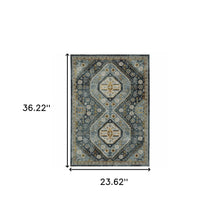 2' X 3' Light Blue Navy Gold Ivory And Grey Oriental Power Loom Stain Resistant Area Rug With Fringe