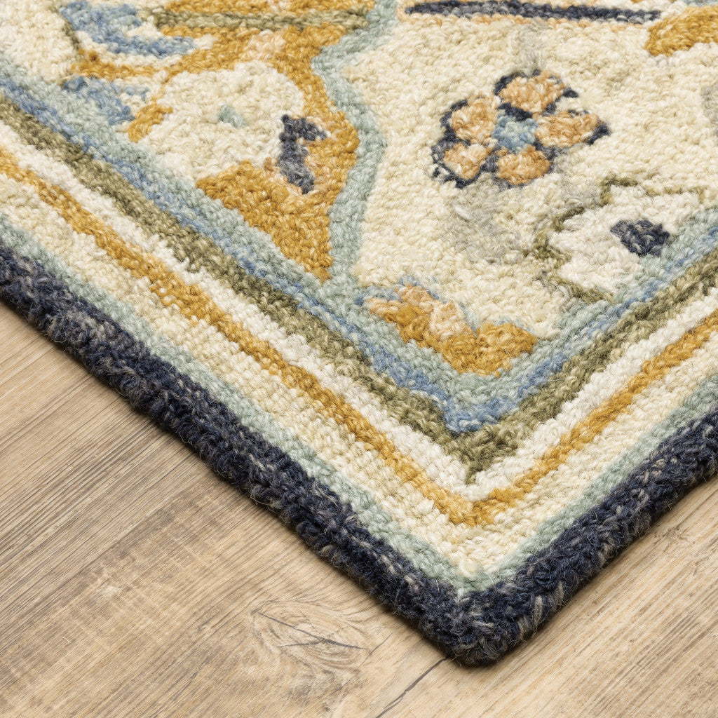 Blue Green Gold Navy And Ivory Geometric Tufted Handmade Stain Resistant Area Rug - 10' x 13'
