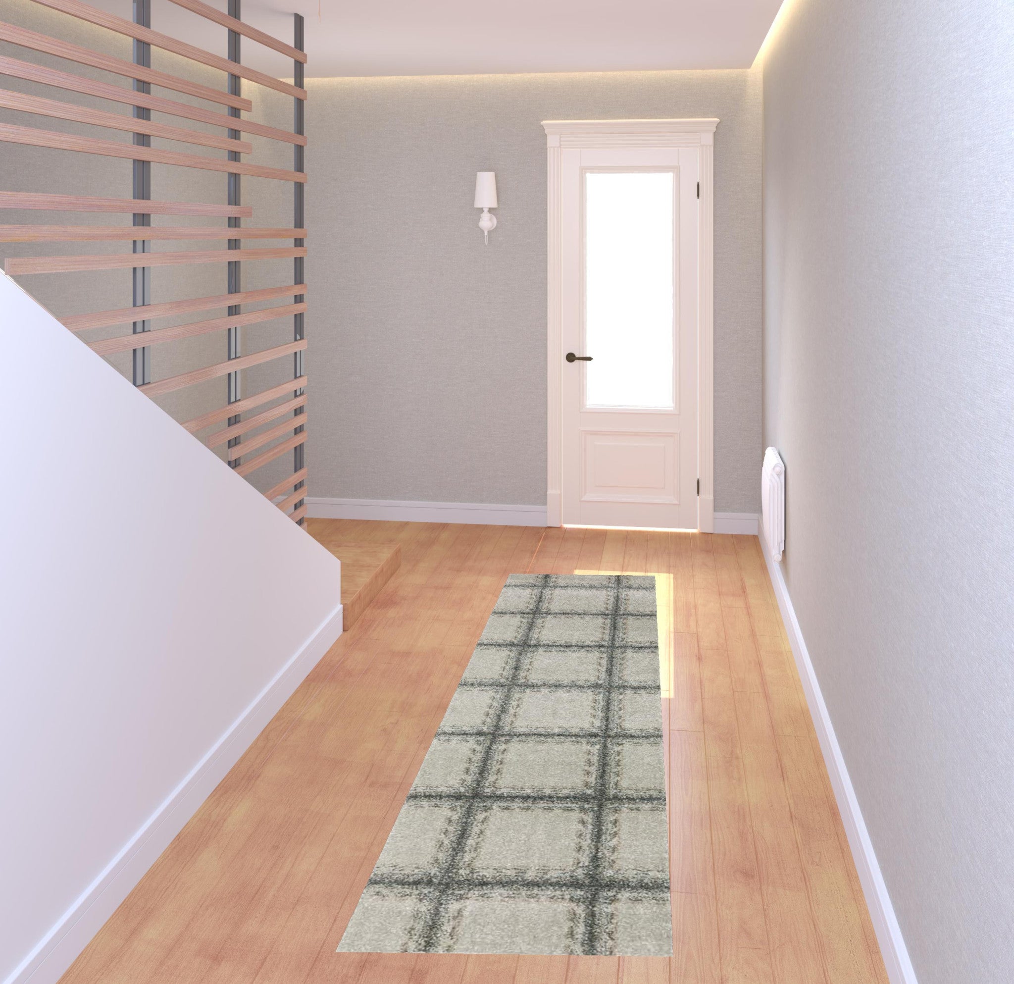 2' X 8' Grey Teal And Beige Geometric Power Loom Stain Resistant Runner Rug