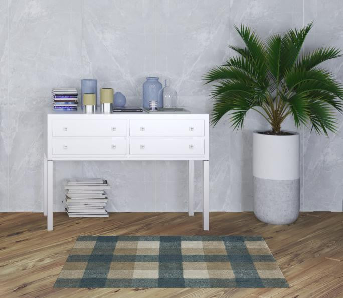 3' X 5' Teal Grey Tan And Beige Geometric Power Loom Stain Resistant Area Rug