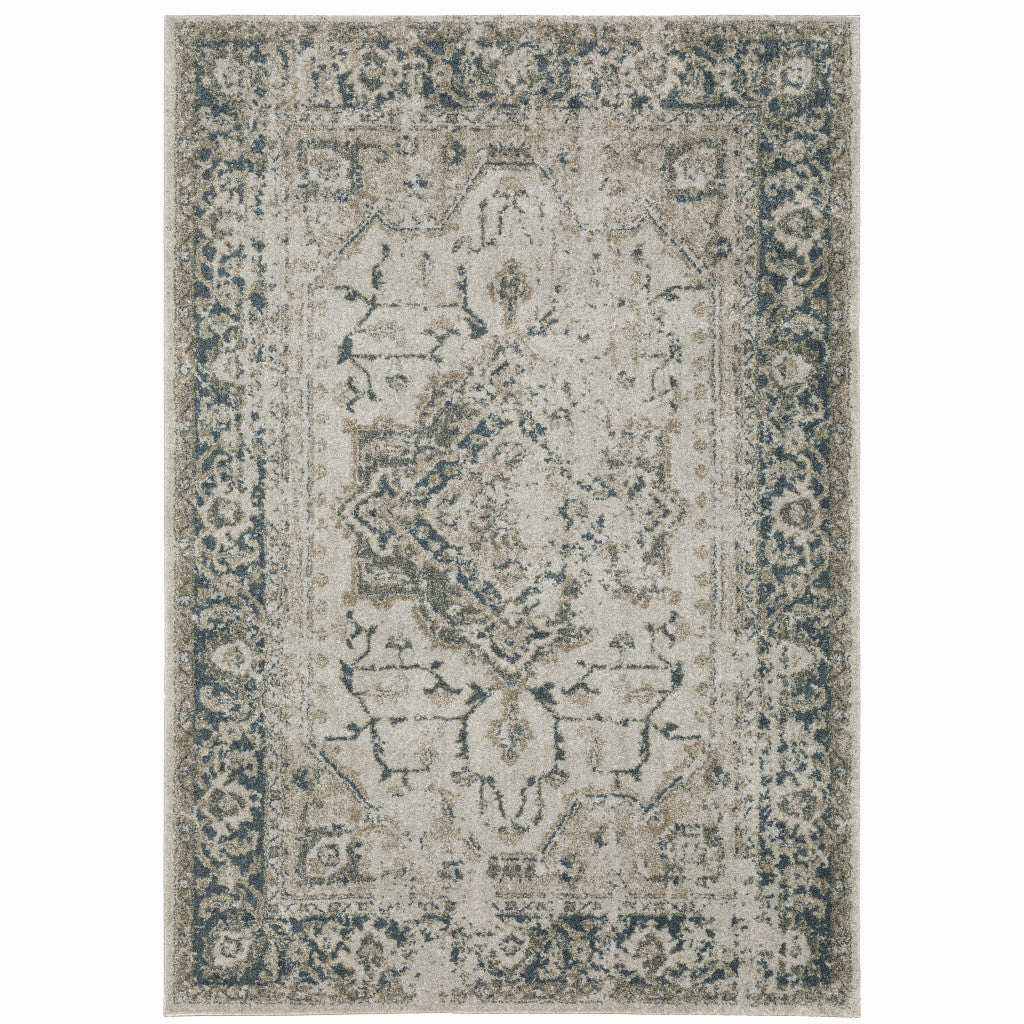 3' X 5' Grey Blue And Teal Oriental Power Loom Stain Resistant Area Rug