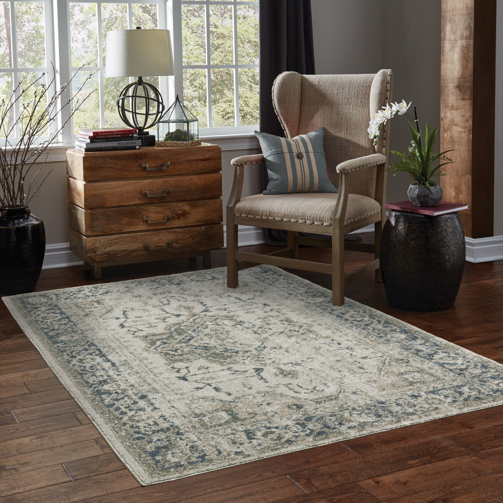 3' X 5' Grey Blue And Teal Oriental Power Loom Stain Resistant Area Rug
