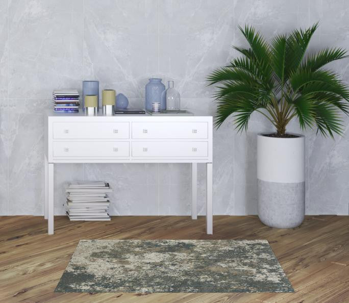 3' X 5' Teal Grey Tan And Beige Abstract Power Loom Stain Resistant Area Rug