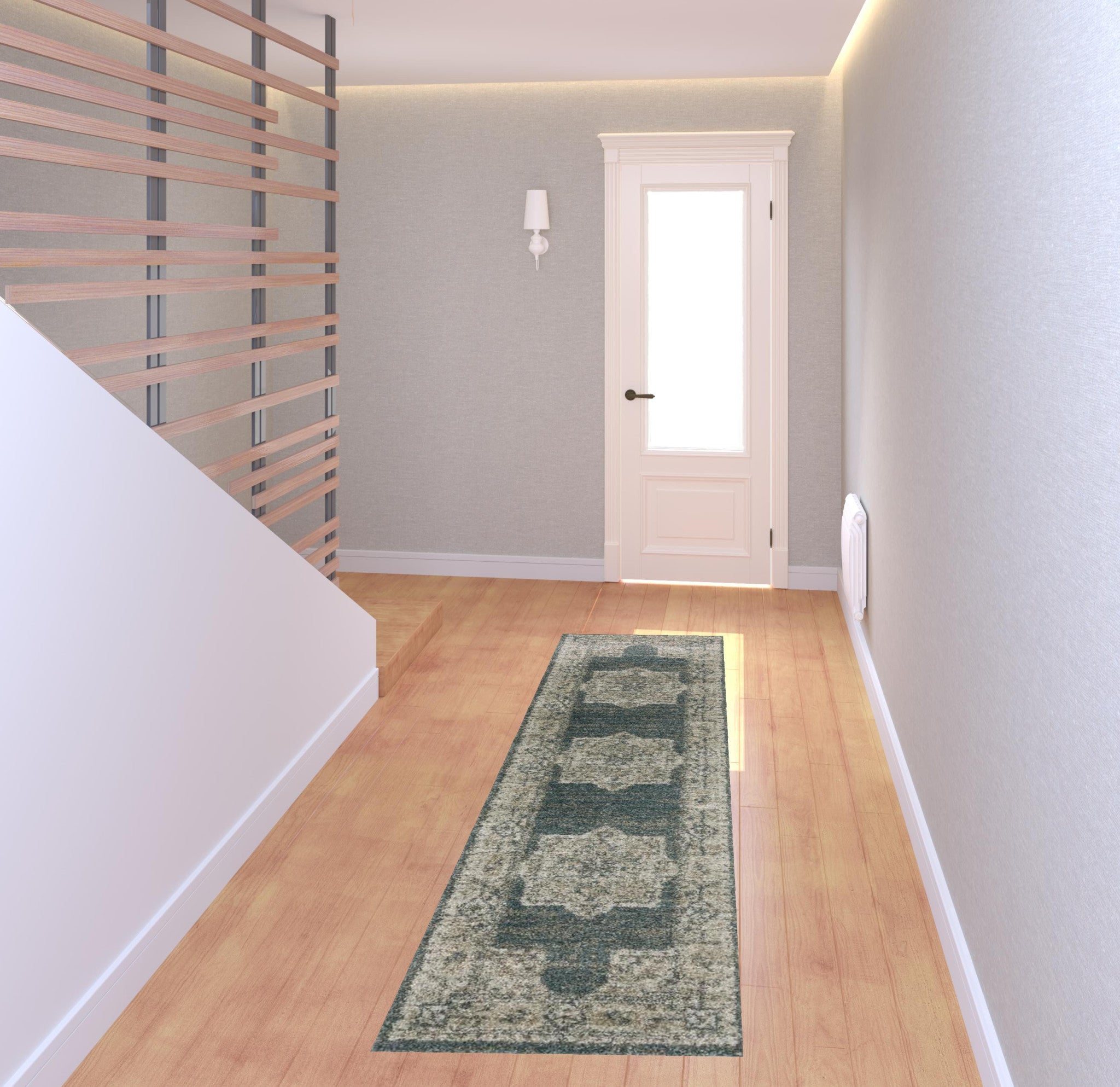 2' X 8' Blue And Beige Oriental Power Loom Stain Resistant Runner Rug