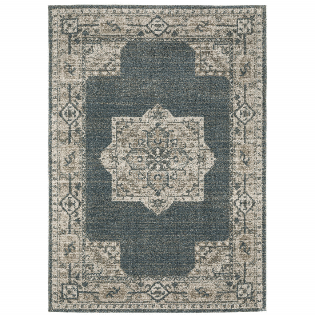 5' X 8' Blue And Beige Oriental Power Loom Stain Resistant Area Rug