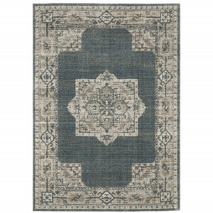6' X 9' Blue And Beige Oriental Power Loom Stain Resistant Area Rug