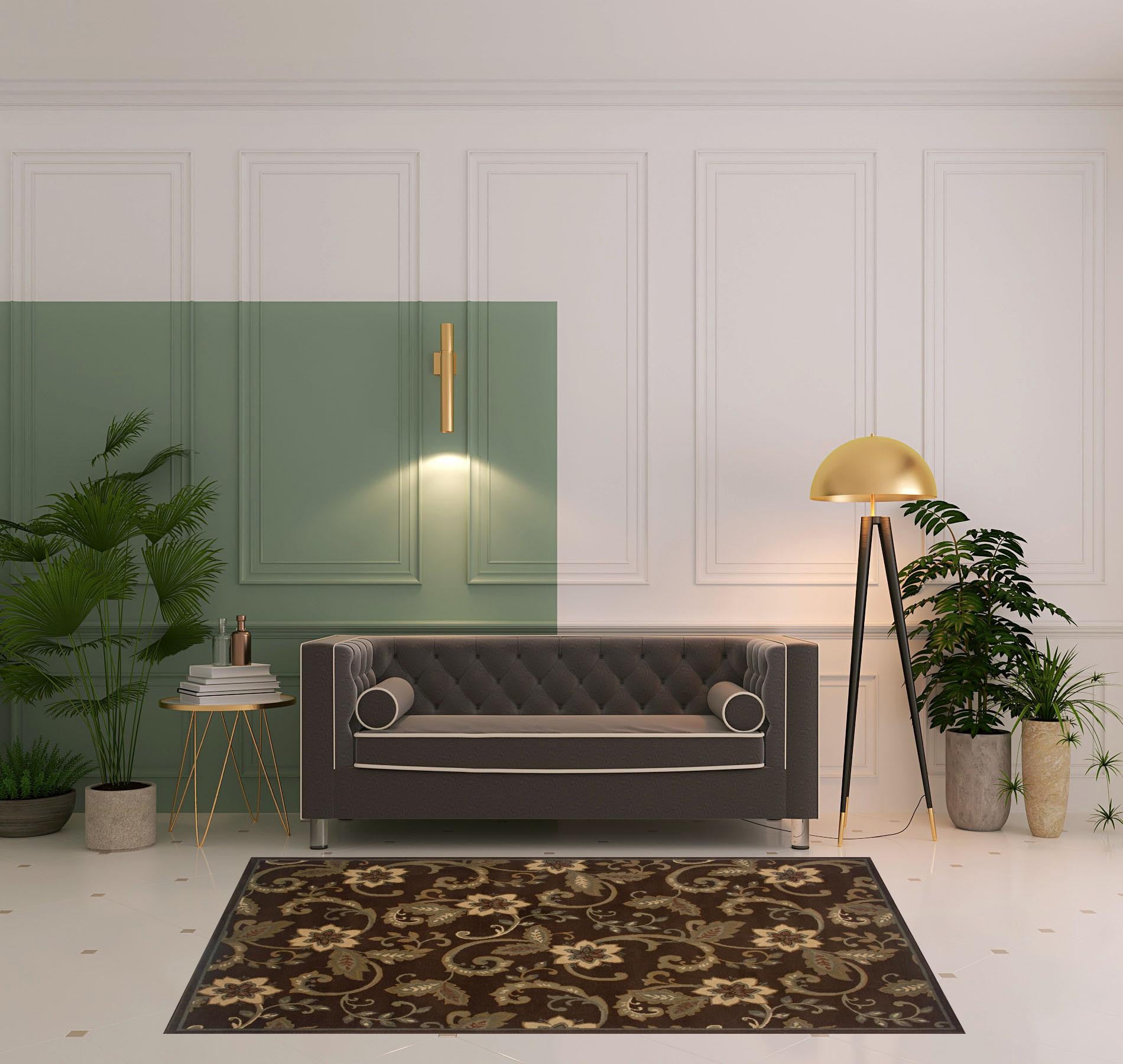 5' X 8' Brown Ivory Blue Rust Gold And Green Floral Power Loom Stain Resistant Area Rug