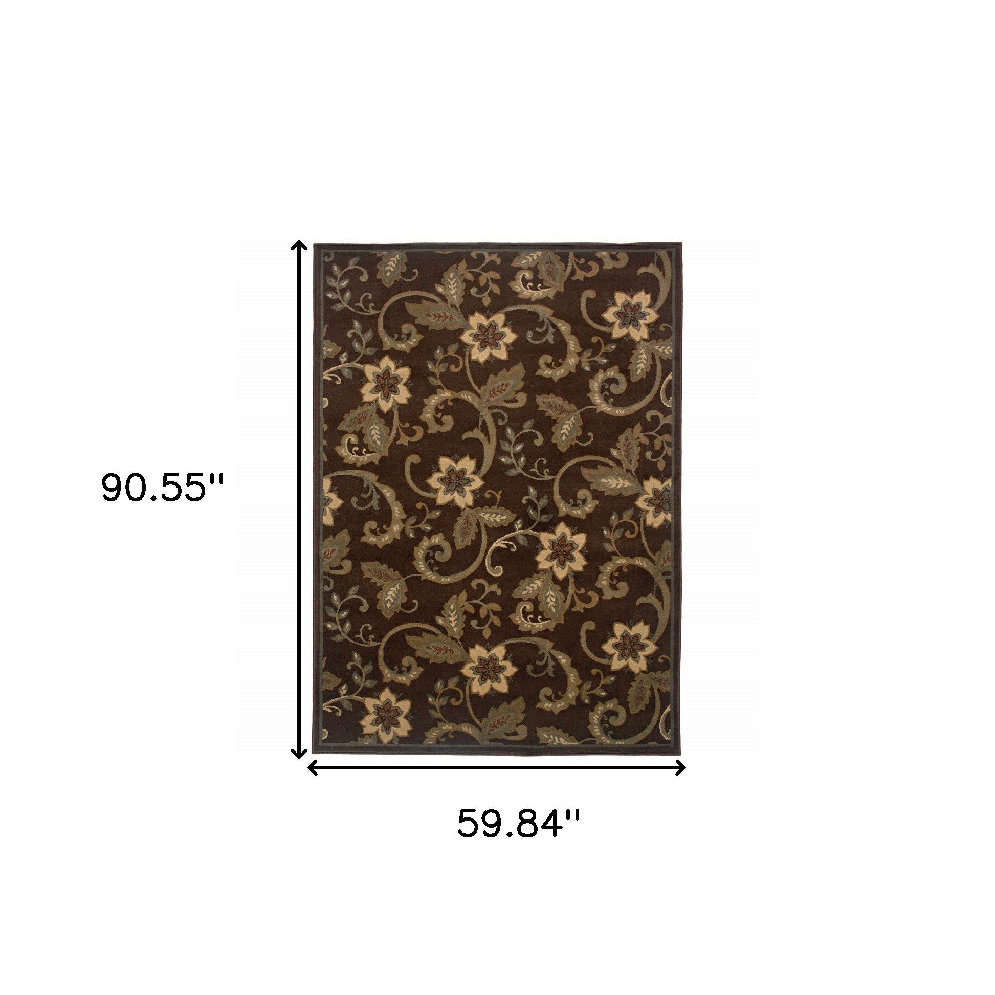 5' X 8' Brown Ivory Blue Rust Gold And Green Floral Power Loom Stain Resistant Area Rug