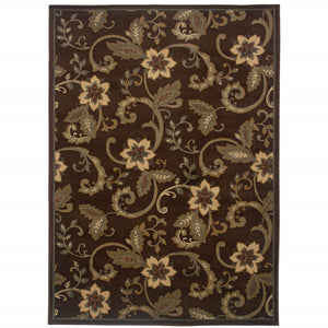 8' X 10' Brown Ivory Blue Rust Gold And Green Floral Power Loom Stain Resistant Area Rug
