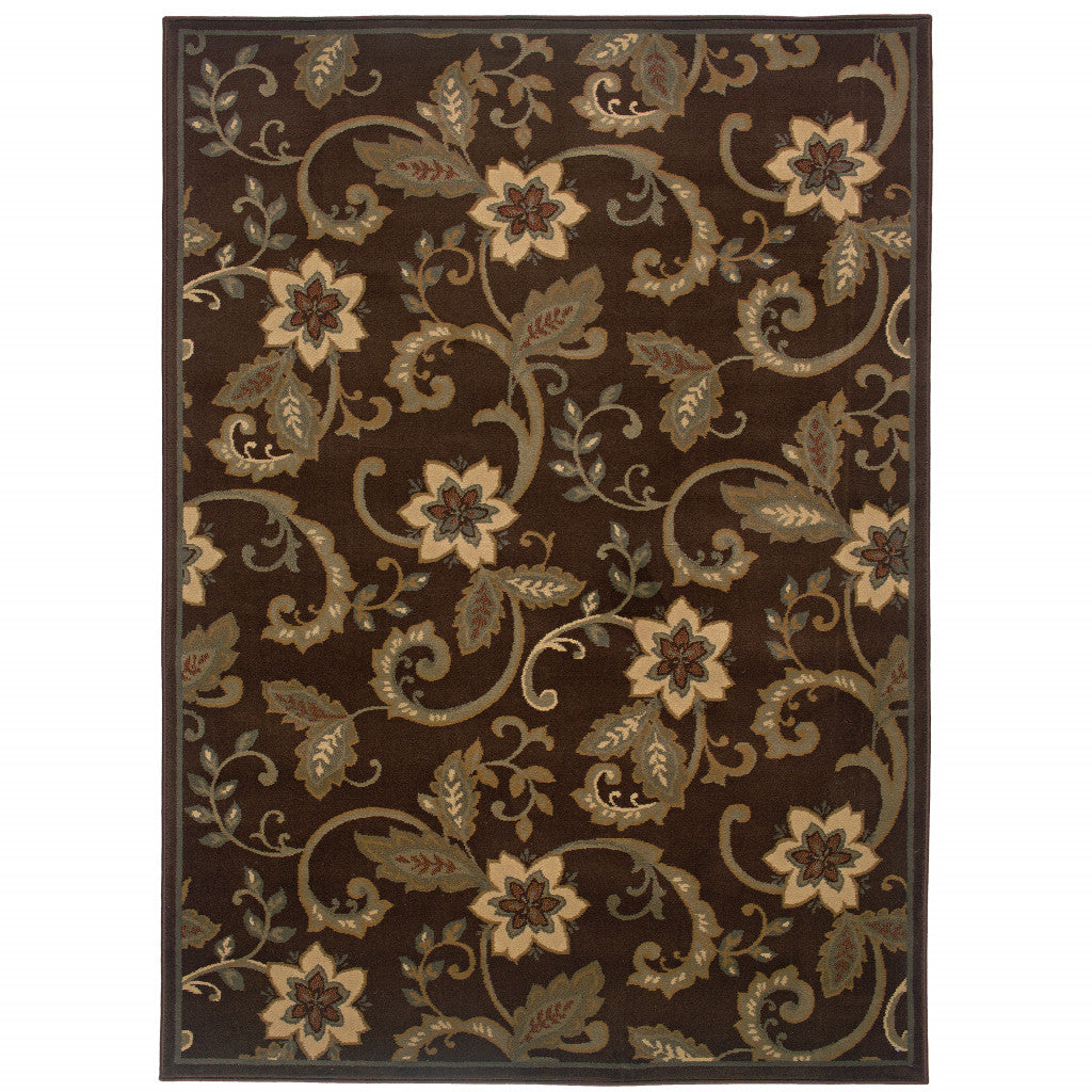 10' X 13' Brown Ivory Blue Rust Gold And Green Floral Power Loom Stain Resistant Area Rug