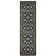 2' X 8' Navy Caramel And Ivory Oriental Power Loom Stain Resistant Runner Rug