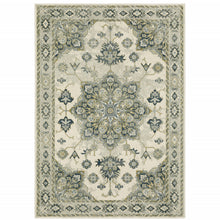 Ivory Blue Teal Grey And Olive Green Oriental Power Loom Stain Resistant Area Rug - 3' x 5'