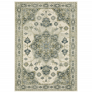 10' X 13' Ivory Blue Teal Grey And Olive Green Oriental Power Loom Stain Resistant Area Rug
