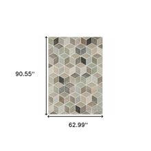 5' X 8' Beige Brown Grey Tan Sage And Pale Blue Geometric Power Loom Stain Resistant Area Rug