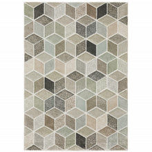 5' X 8' Beige Brown Grey Tan Sage And Pale Blue Geometric Power Loom Stain Resistant Area Rug
