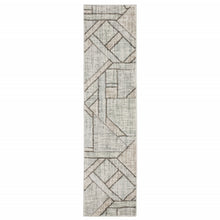 Grey Beige Sage Brown Tan Charcoal And Pale Blue Geometric Power Loom Stain Resistant Runner Rug - 2' x 8'