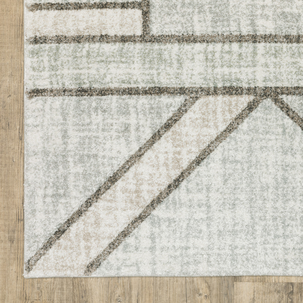 Grey Beige Sage Brown Tan Charcoal And Pale Blue Geometric Power Loom Stain Resistant Runner Rug - 2' x 8'