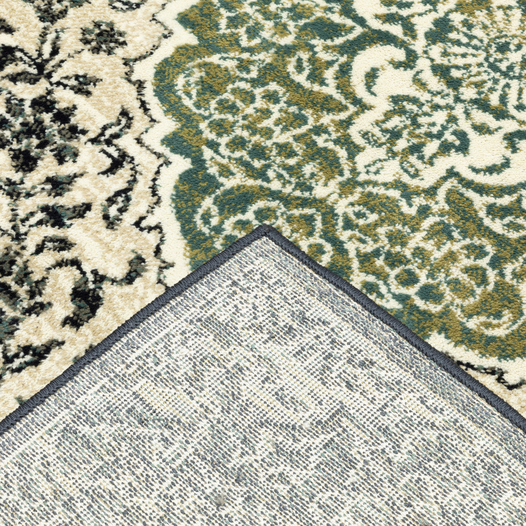 4' X 6' Ivory Navy And Green Oriental Power Loom Stain Resistant Area Rug