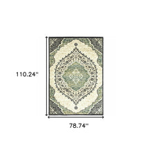 6' X 9' Ivory Navy And Green Oriental Power Loom Stain Resistant Area Rug