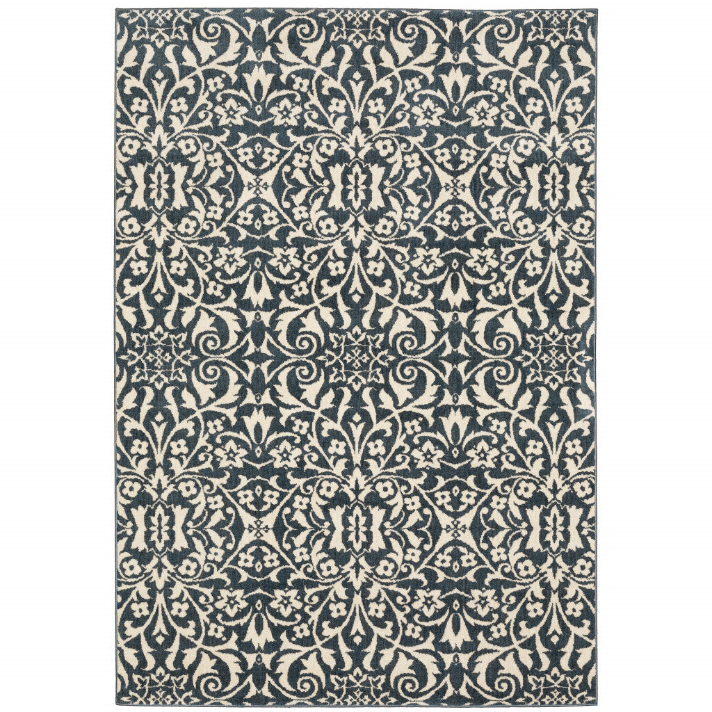 8' X 10' Blue And Ivory Floral Power Loom Stain Resistant Area Rug