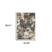 5' X 7' Blue Sage And Orange Abstract Power Loom Stain Resistant Area Rug