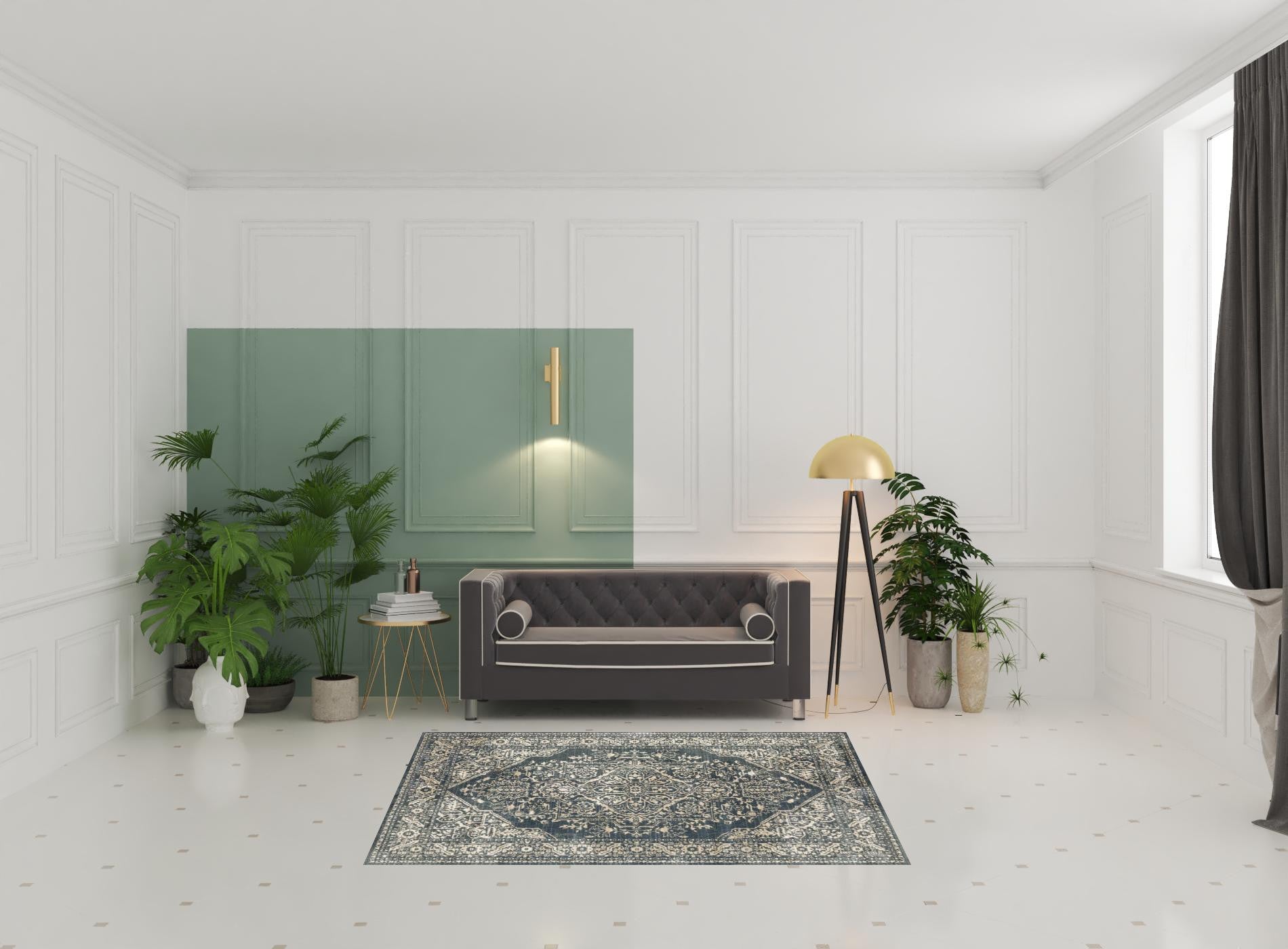 5' X 7' Beige Grey And Blue Oriental Power Loom Stain Resistant Area Rug