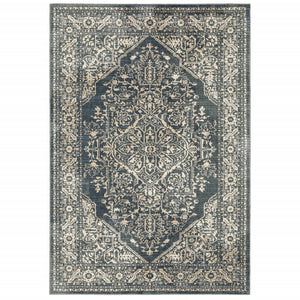 8' X 10' Beige Grey And Blue Oriental Power Loom Stain Resistant Area Rug