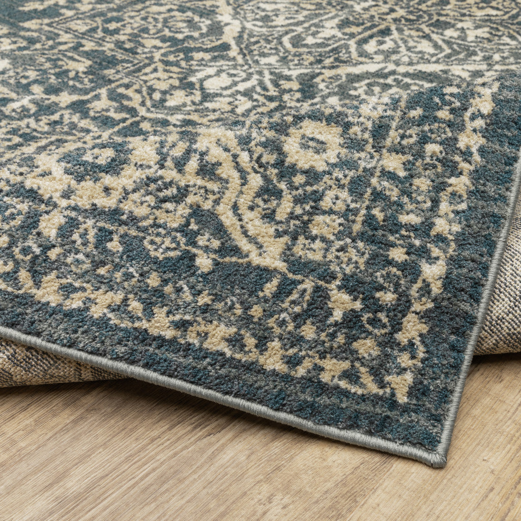 8' X 10' Beige Grey And Blue Oriental Power Loom Stain Resistant Area Rug