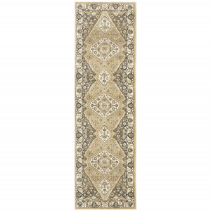 2' X 8' Beige Grey Tan And Charcoal Oriental Power Loom Stain Resistant Runner Rug