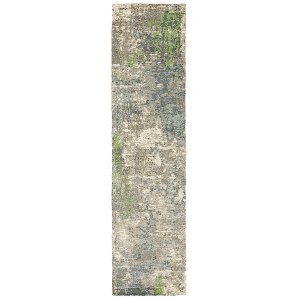 2' X 10' Blue And Green Abstract Hand Loomed Stain Resistant Runner Rug