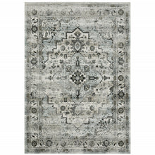 10' X 13' Ivory Grey Charcoal Blue And Taupe Oriental Power Loom Stain Resistant Area Rug