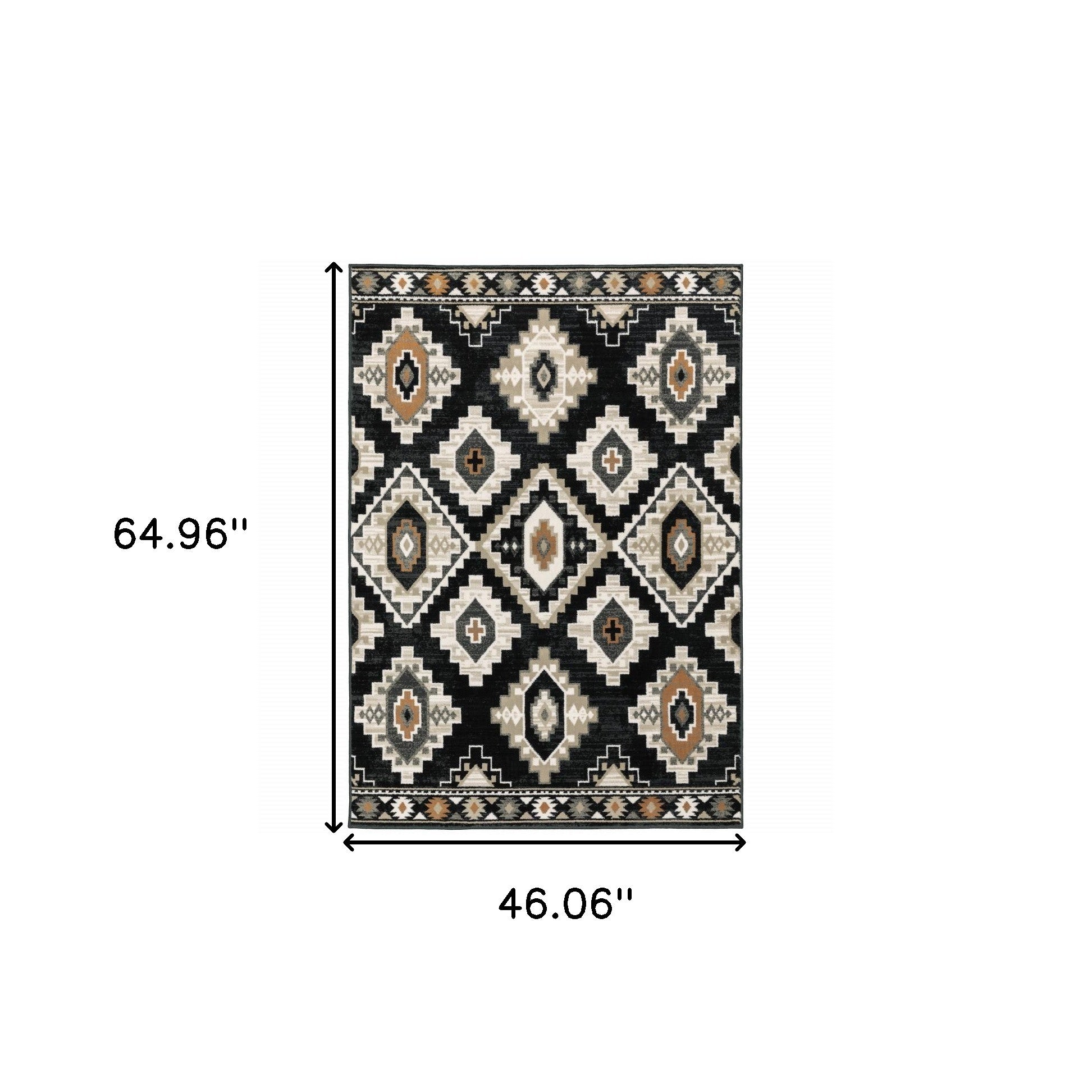 4' X 6' Black Grey Tan Orange And Ivory Southwestern Power Loom Stain Resistant Area Rug