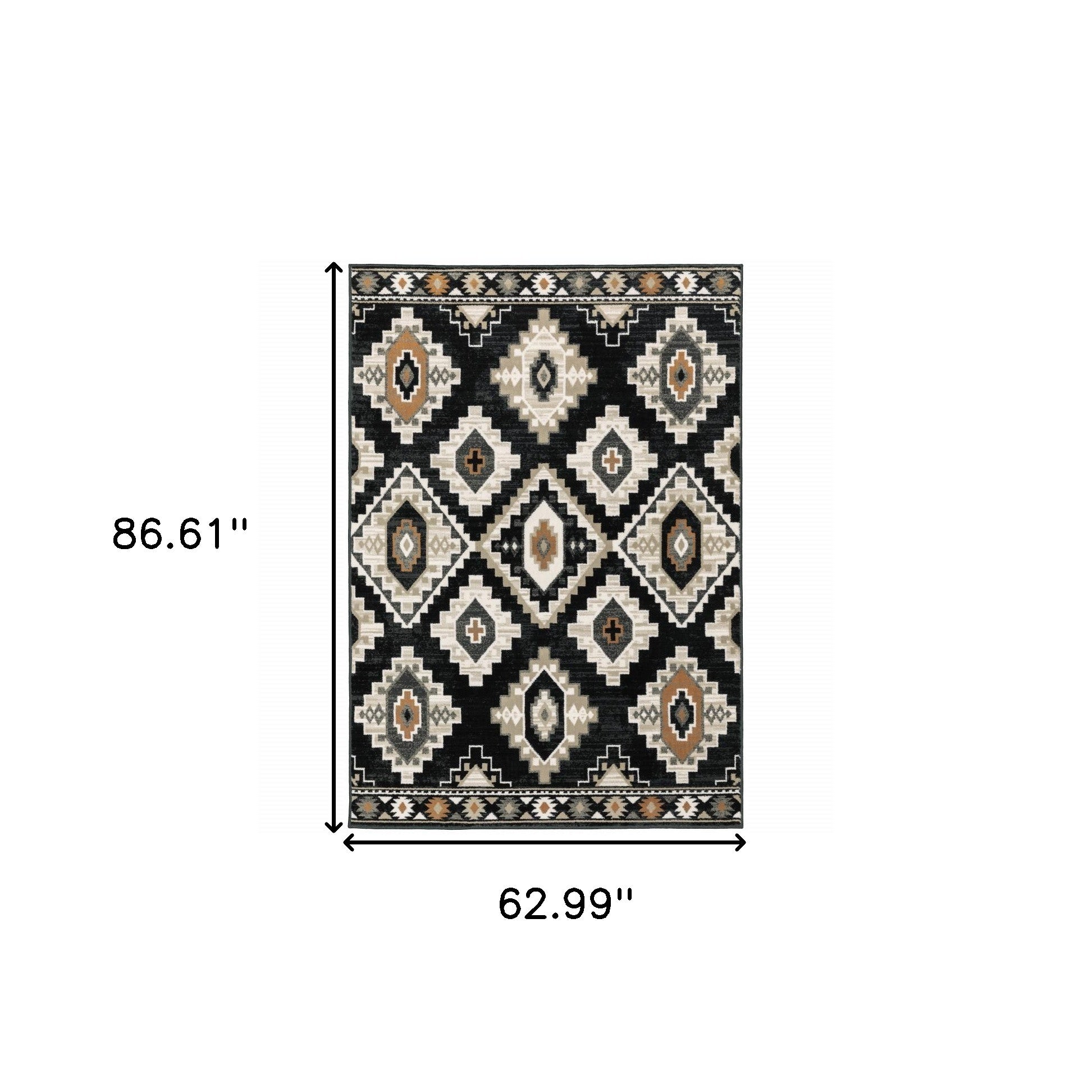 5' X 7' Black Grey Tan Orange And Ivory Southwestern Power Loom Stain Resistant Area Rug