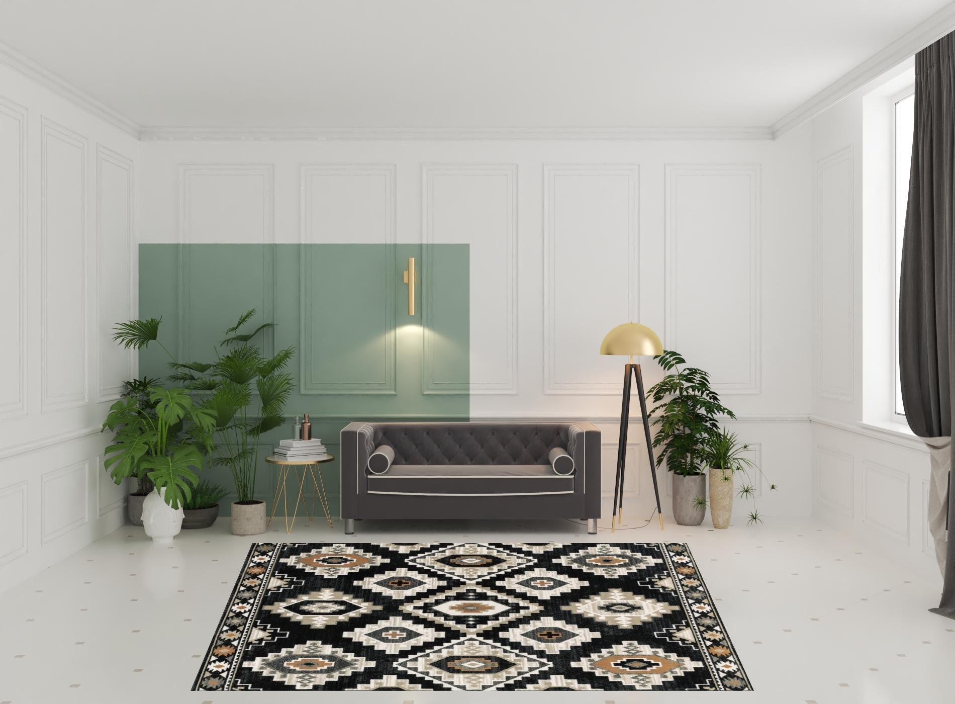 8' X 10' Black Grey Tan Orange And Ivory Southwestern Power Loom Stain Resistant Area Rug