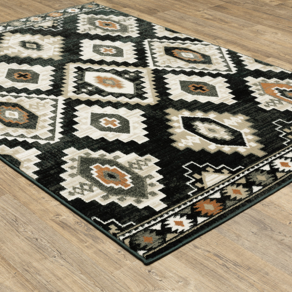 8' X 10' Black Grey Tan Orange And Ivory Southwestern Power Loom Stain Resistant Area Rug