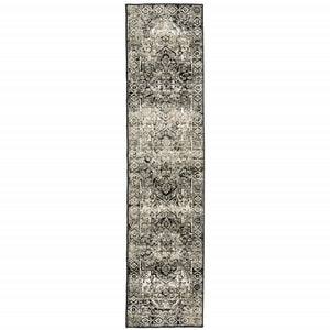 2' X 8' Black Grey Tan And Ivory Oriental Power Loom Stain Resistant Runner Rug