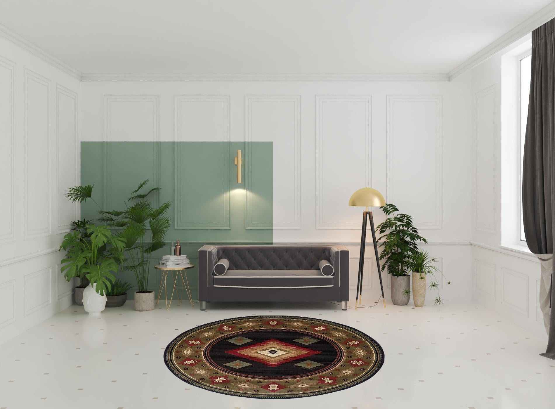 Black Round Southwestern Power Loom Stain Resistant Area Rug 8'