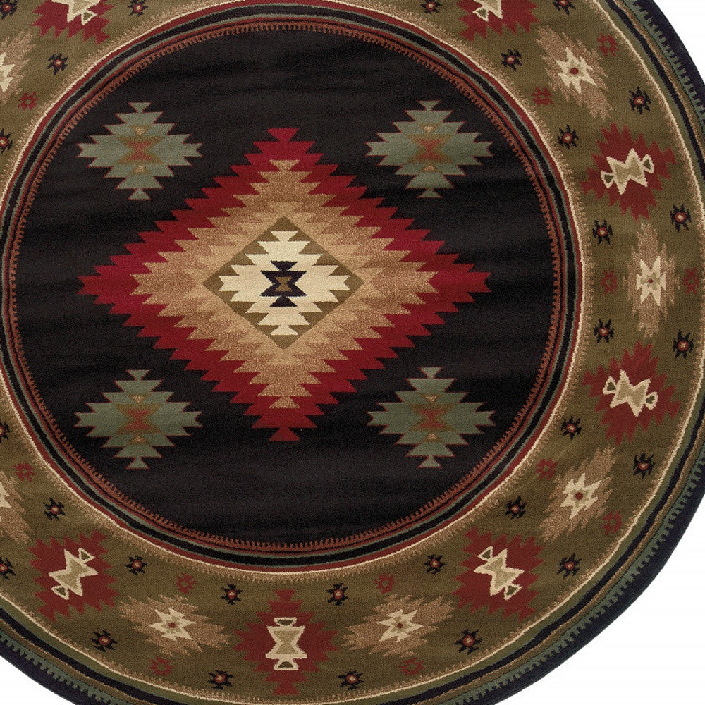 Black Round Southwestern Power Loom Stain Resistant Area Rug 8'