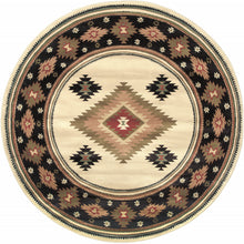 Beige Round Southwestern Power Loom Stain Resistant Area Rug 8'