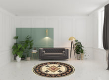 Beige Round Southwestern Power Loom Stain Resistant Area Rug 8'