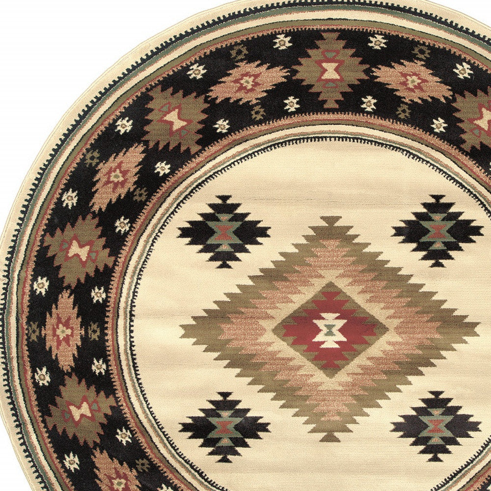 Beige Round Southwestern Power Loom Stain Resistant Area Rug 8'