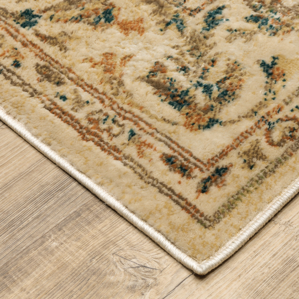 Beige Gold And Teal Oriental Power Loom Stain Resistant Area Rug - 8' x 10'