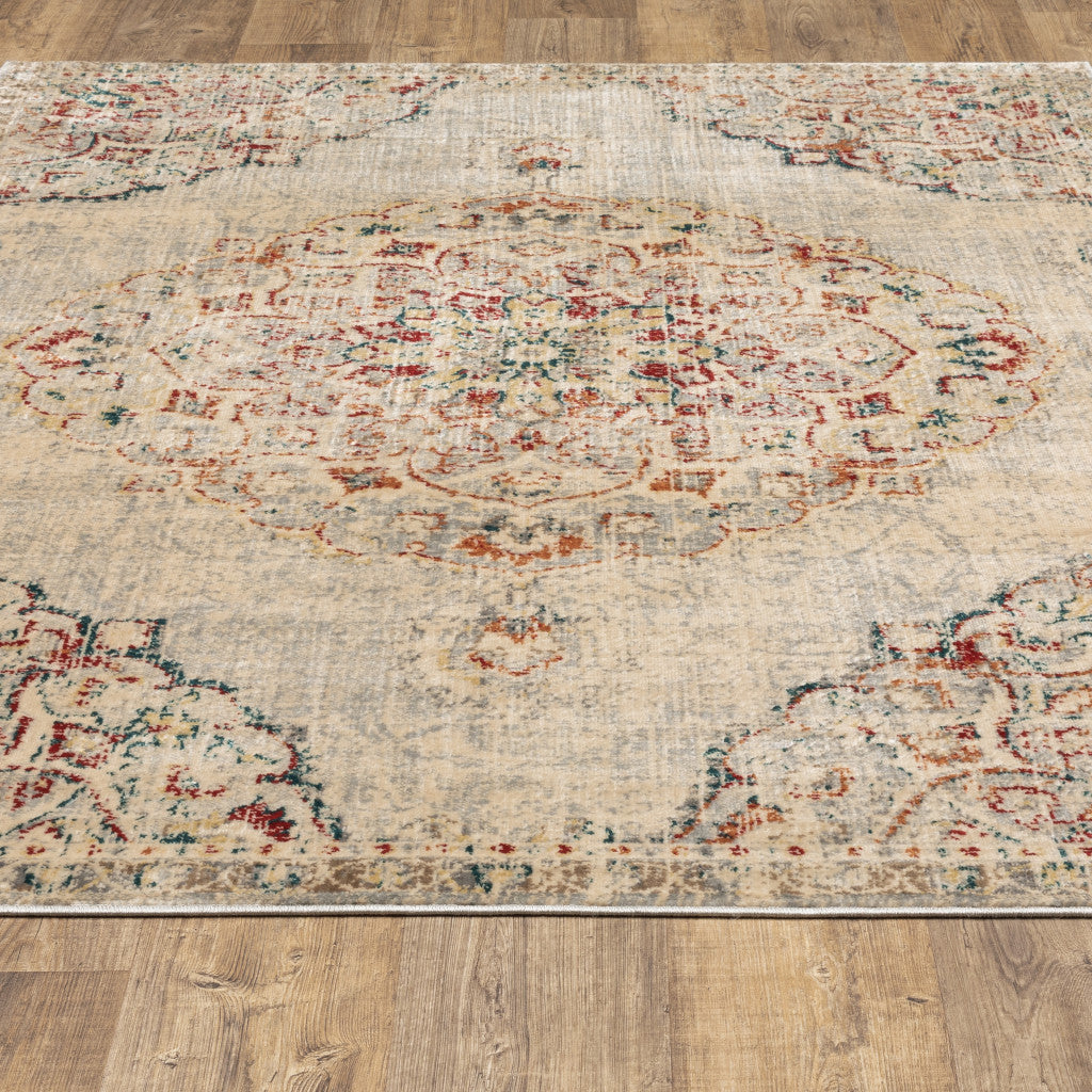 Grey Rust Deep Teal Beige And Orange Oriental Power Loom Stain Resistant Area Rug - 8' x 10'