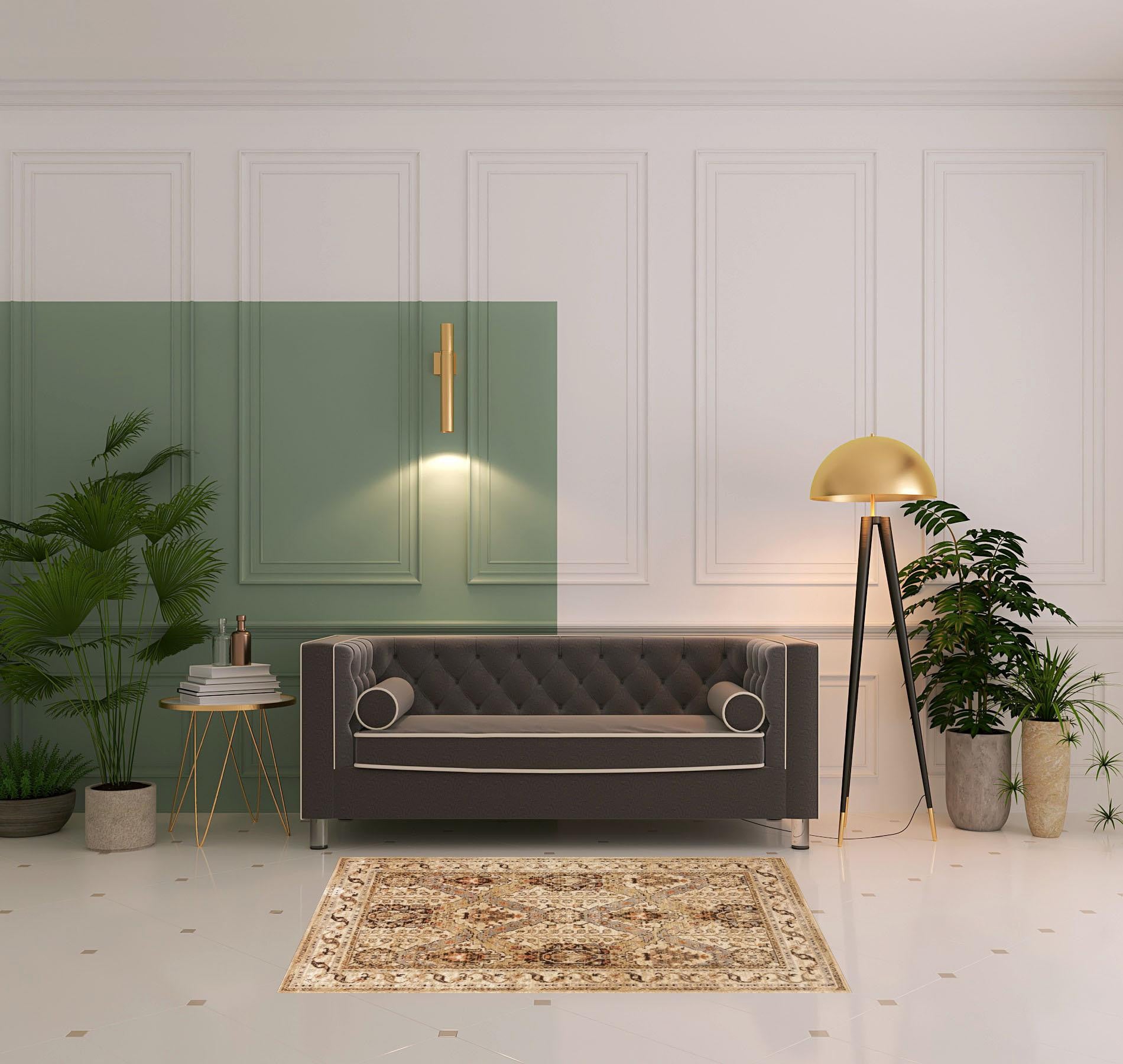 4' X 6' Beige Grey Dolphin Blue Deep Teal Gold And Orange Oriental Power Loom Stain Resistant Area Rug