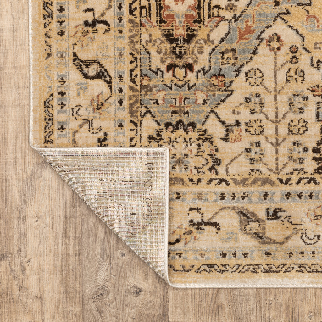 4' X 6' Beige Grey Dolphin Blue Deep Teal Gold And Orange Oriental Power Loom Stain Resistant Area Rug