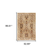 5' X 7' Beige Grey Dolphin Blue Deep Teal Gold And Orange Oriental Power Loom Stain Resistant Area Rug