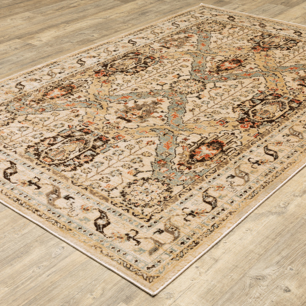 5' X 7' Beige Grey Dolphin Blue Deep Teal Gold And Orange Oriental Power Loom Stain Resistant Area Rug